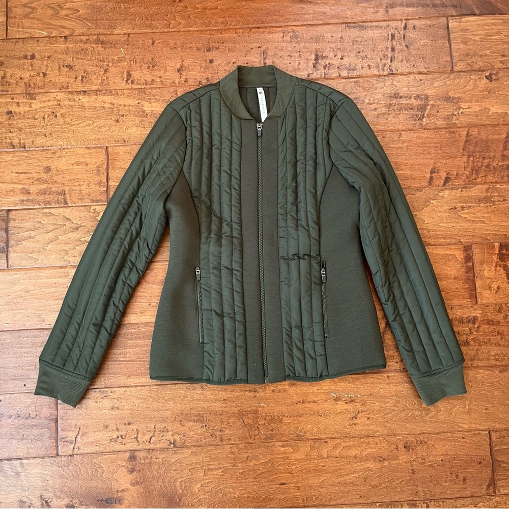 Fabletics Pisa Quilted Olive Green Quilted Bomber Jacket Medium